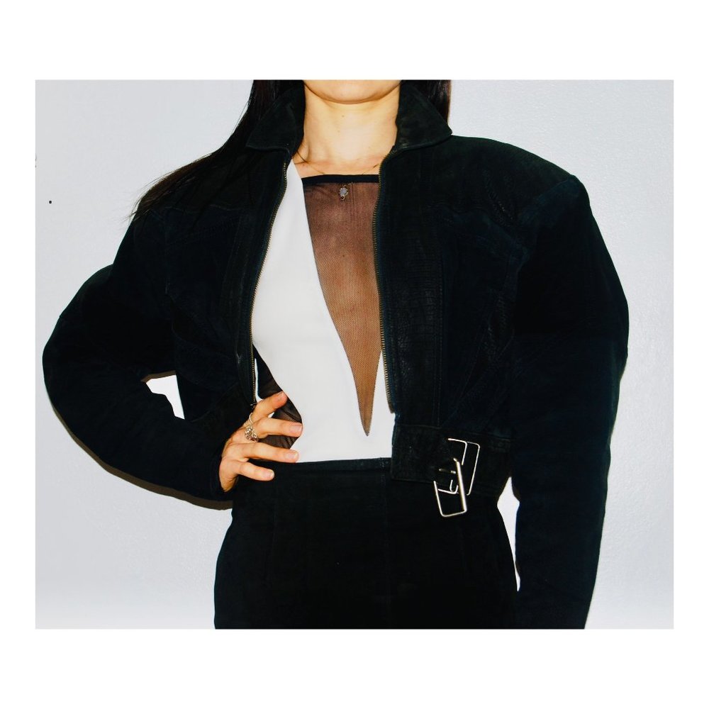 Black Leather & Suede Jacket + Skirt Set – Vintage 80’s Matching Two-Piece